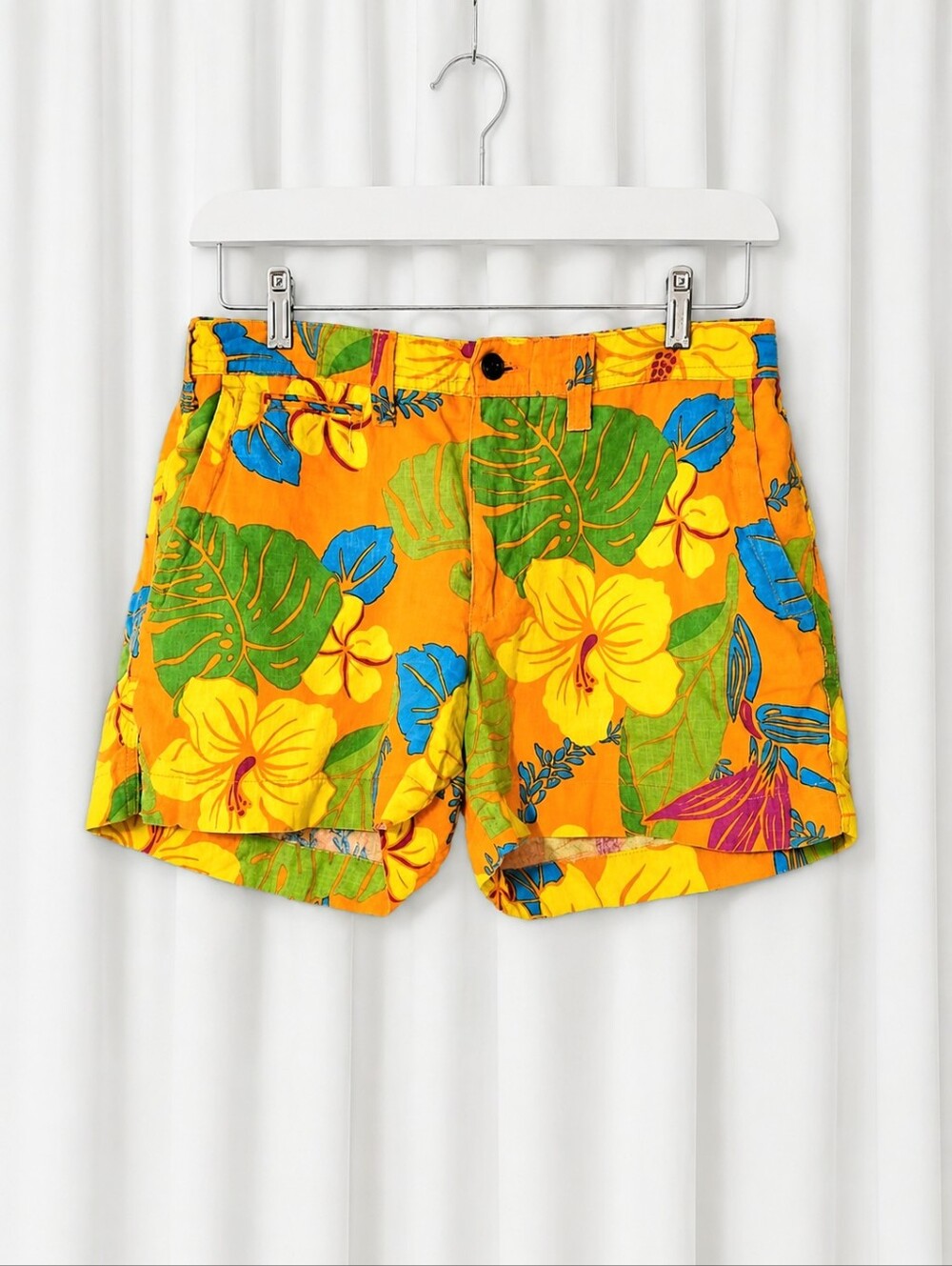 Polo Ralph Lauren Vintage Vibrant Tropical Linen Hibiscus Print Preppy Shorts